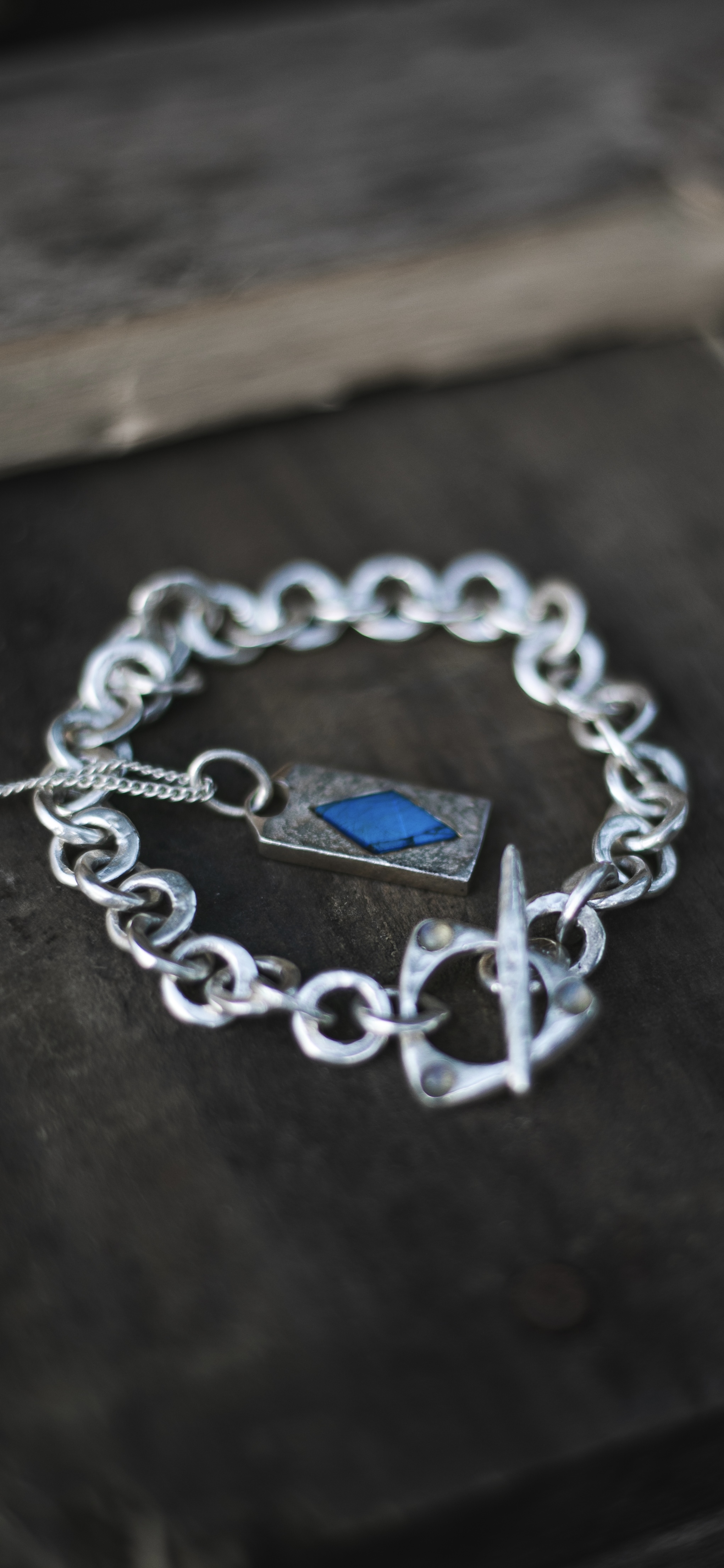 Chain bracelet and pendant coiled on driftwood