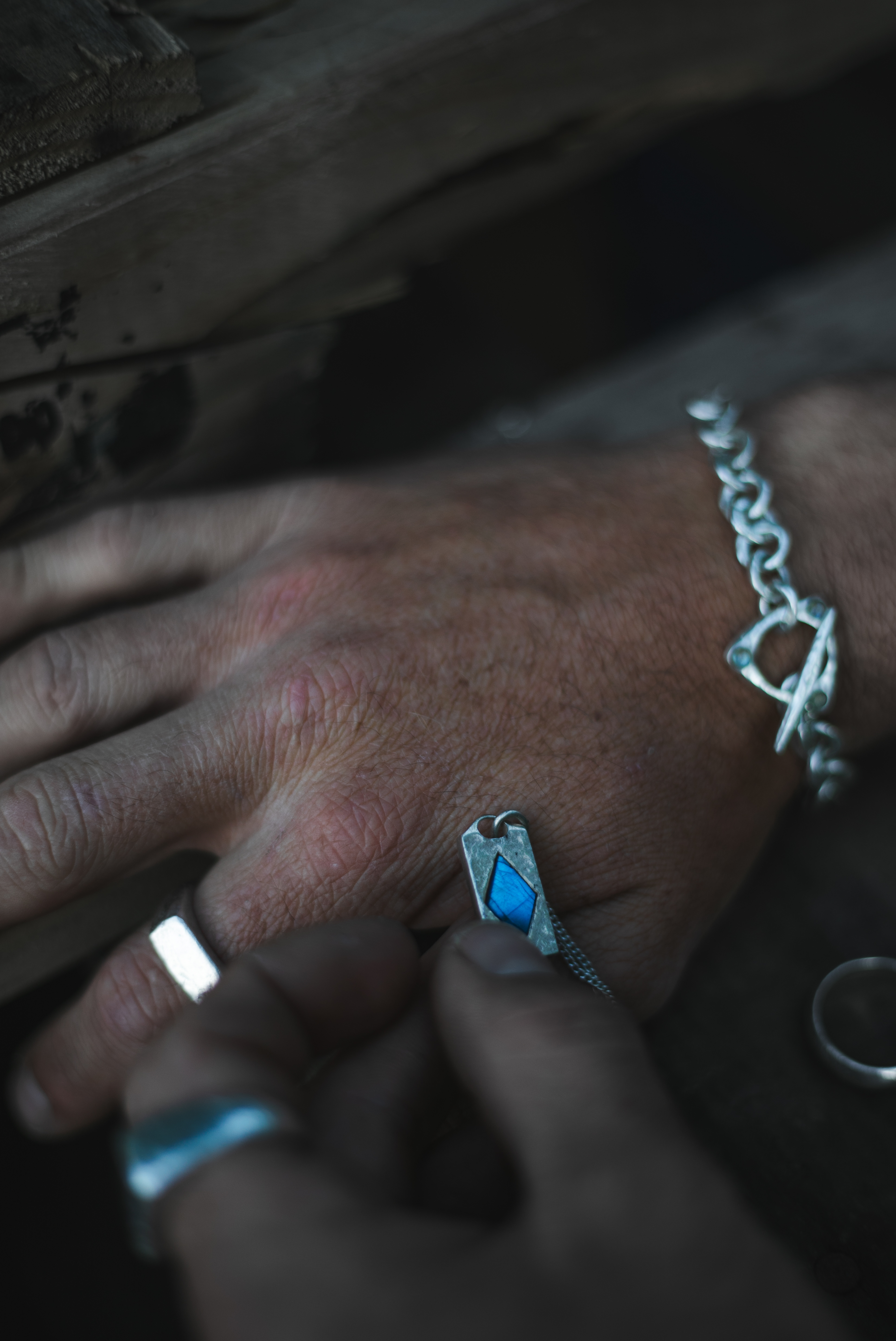 Wearing the chain bracelet and Diamond Labradorite pendant