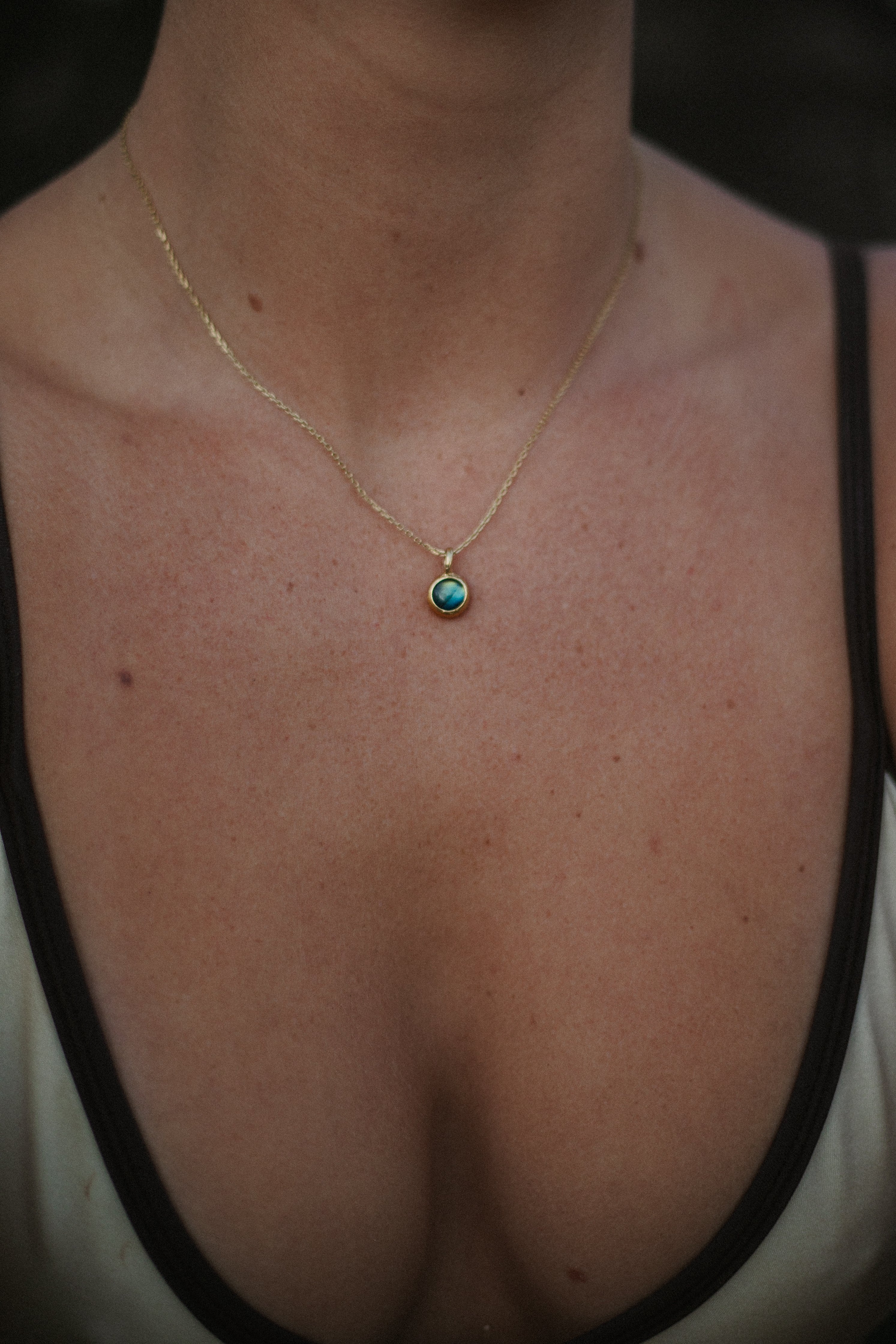 IMI. Gold Necklace with round Labradorite stone. 925 silver gold plated worn