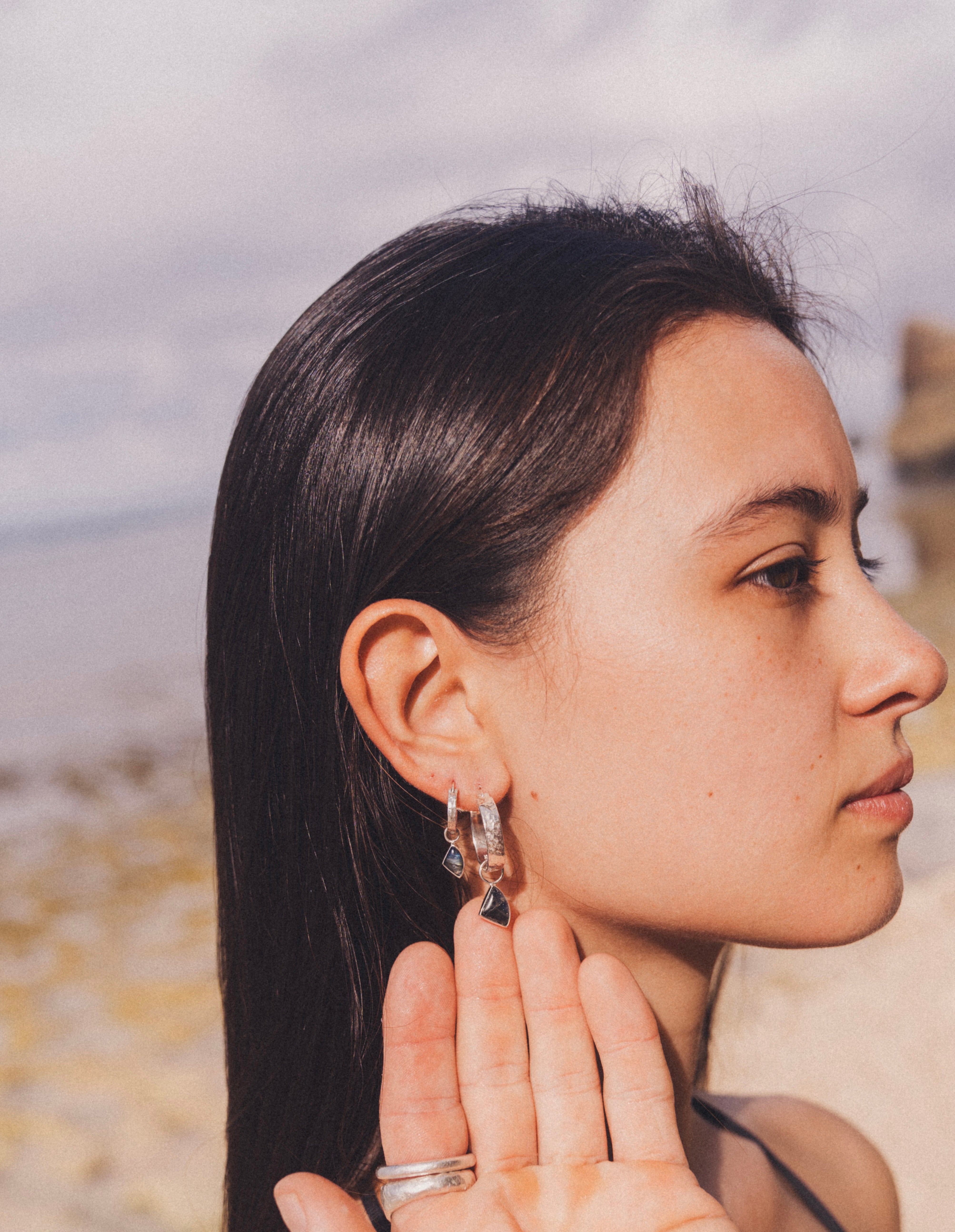 KAY Earrings 925 silver with Labradorite stone. worn